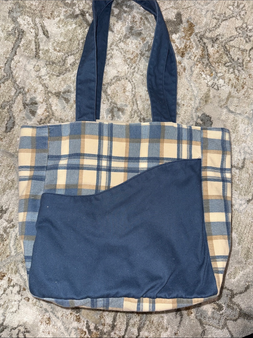 Plaid Canvas Tote Bag with Demin Navy Canvas Pocket quilt fabric